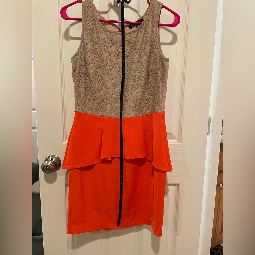 C. Luce Orange and Tan Mini Dress